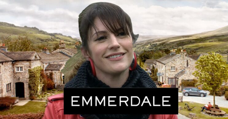 Kerry smiling on Emmerdale against village background and logo (Credit: ITV/Composite: ED!)