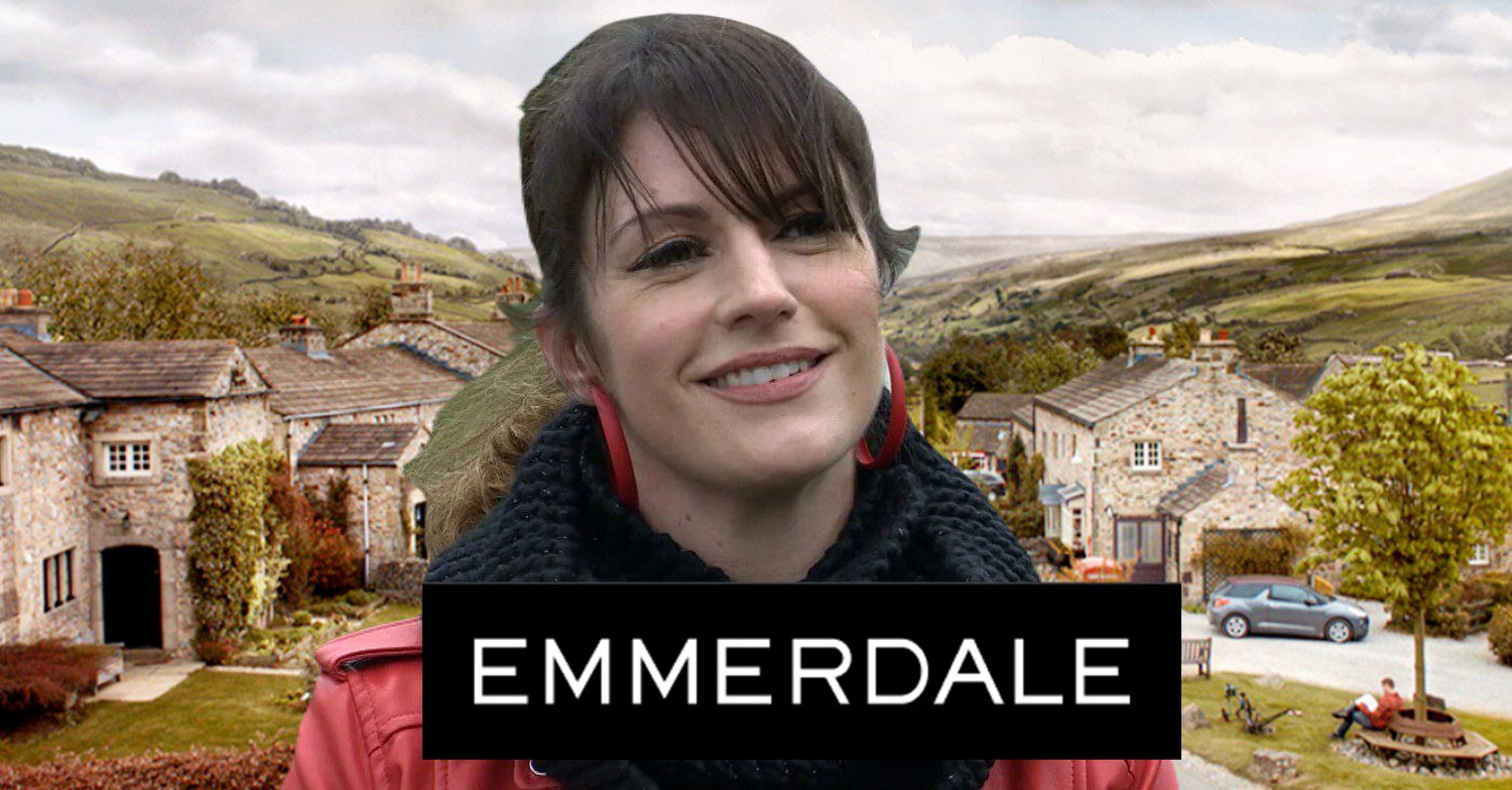 Kerry smiling on Emmerdale against village background and logo (Credit: ITV/Composite: ED!)