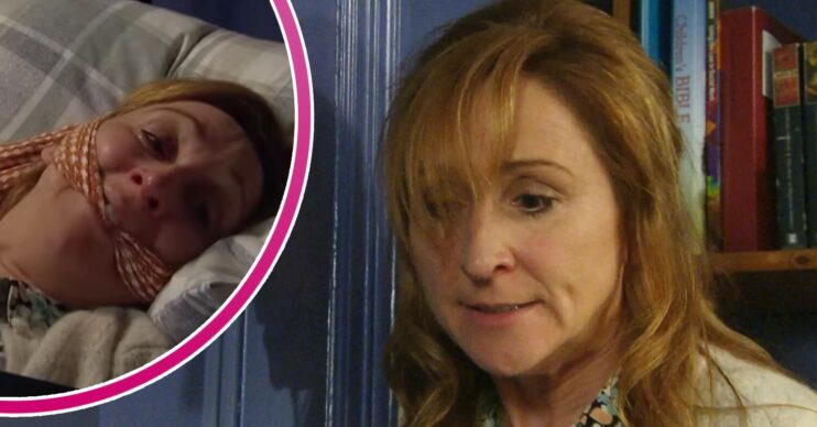 Laurel looking scared on Emmerdale; inset, gagged and terrified (Credit: ITV/Composite: ED!)