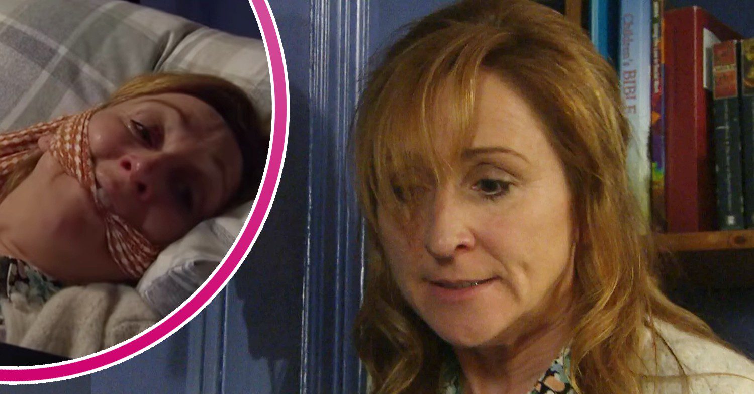 Laurel looking scared on Emmerdale; inset, gagged and terrified (Credit: ITV/Composite: ED!)