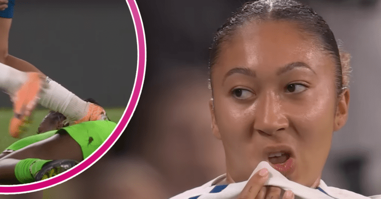 Lauren James looking upset and treading on a player's back