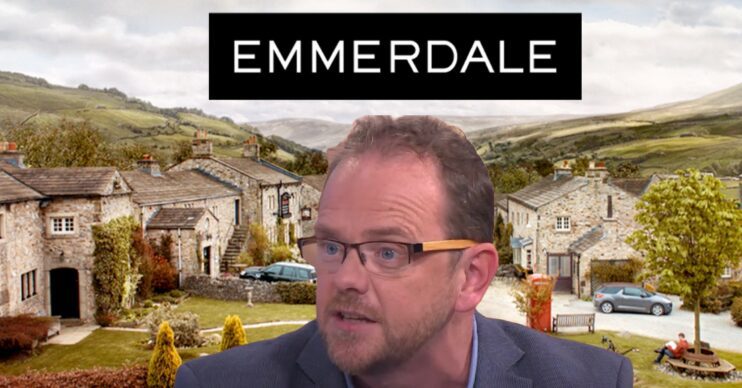 Liam Fox in an interview; against Emmerdale background and logo (Credit: ITV/YouTube)