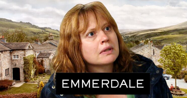 Lydia looking shocked an d upset on Emmerdale; inset, village background and soap logo (Credit: ITV/Composite: ED!)