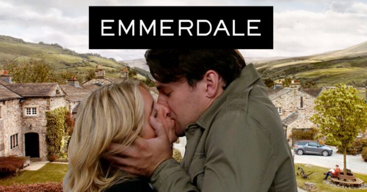Mack and Charity kiss on Emmerdale; inset, village background and soap logo (Credit: ITV/Composite: ED!)