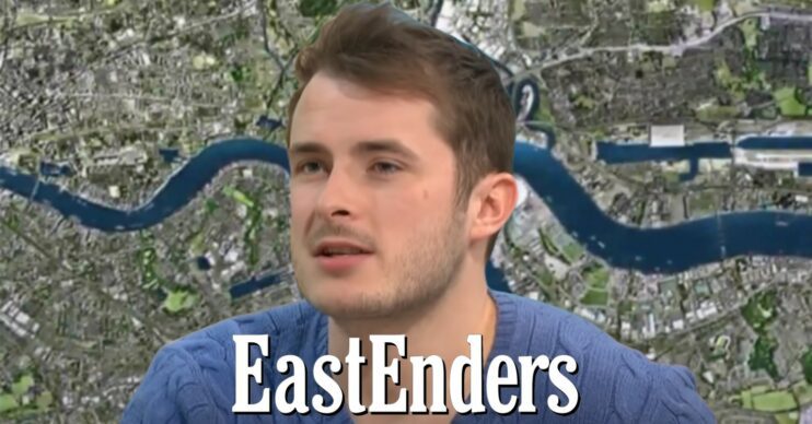 Max Bowden speaking on Lorraine in front of EastEnders background