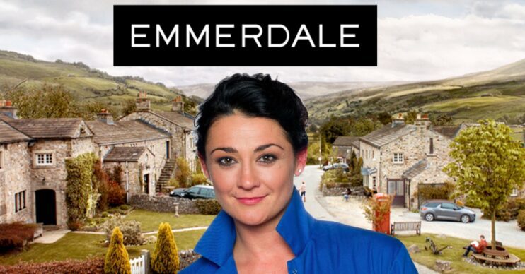 Moira in an Emmerdale publicity picture; inset, village background and logo (Credit: ITV/Composite: ED!)