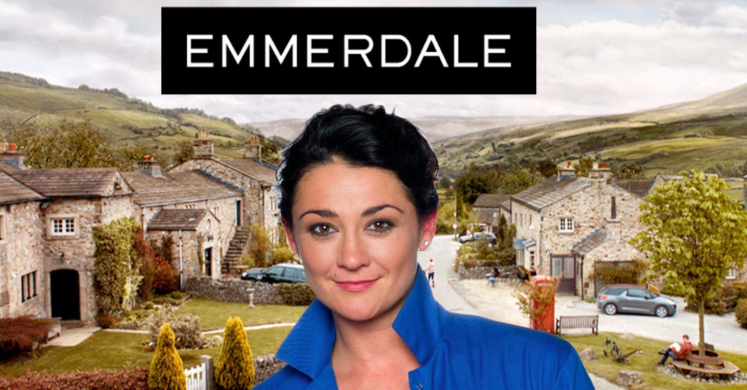 Moira in an Emmerdale publicity picture; inset, village background and logo (Credit: ITV/Composite: ED!)