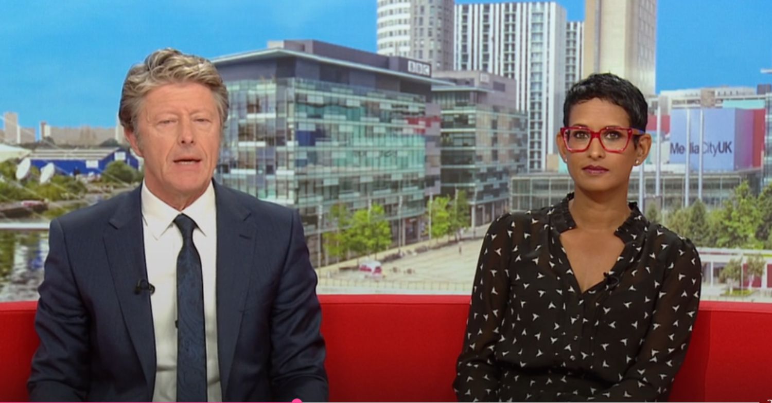 Naga Munchetty and Charlie Stayt presenting BBC Breakfast