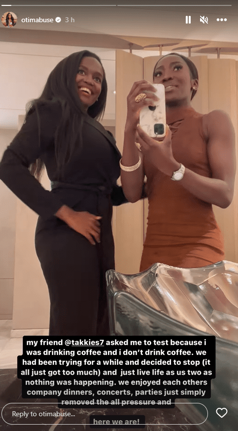 Oti Mabuse shares update on her Instagram stories as she poses with a friend after telling her baby news
