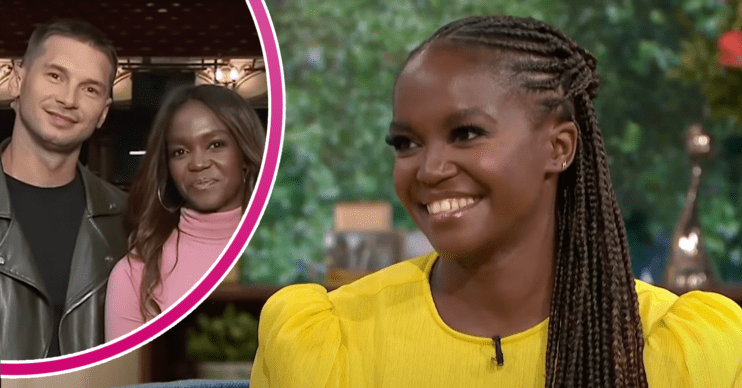 Oti Mabuse smiling and with her husband inset