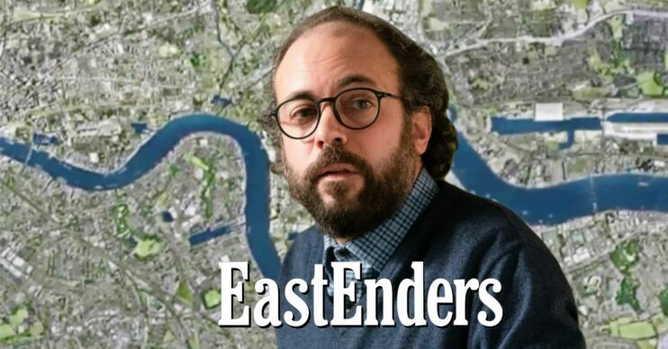 Reiss looking shady on EastEnders against Walford background and logo (Credit: BBC/Composite: ED!)