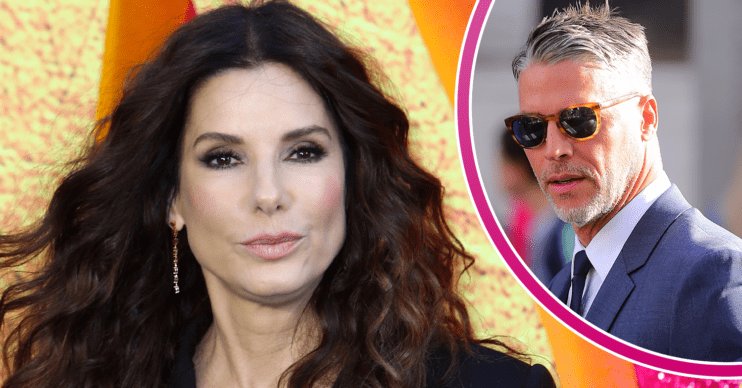 Sandra Bullock straight faced on the red carpet and her partner wearing sunglasses
