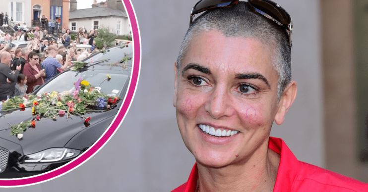 Sinead O'Connor smiling and inset the car carrying her coffin
