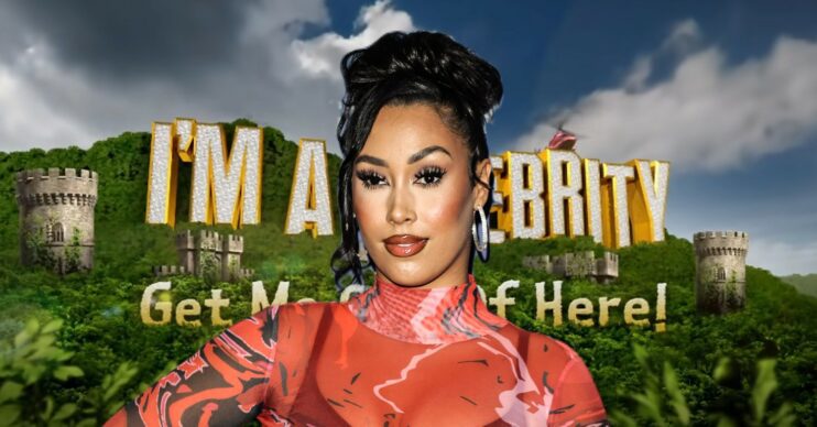 Snoochie Shy in front of I'm A Celebrity logo