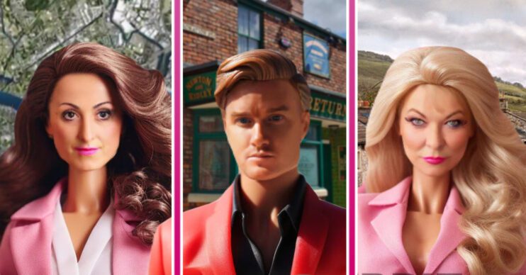 EastEnders' Sonia as a Barbie with the EastEnders background of the Thames, Coronation Street's Gary as a Ken with the Coronation Street background of the Rovers, and Emmerdale's Kim as a Barbie with the Emmerdale background of the Dales
