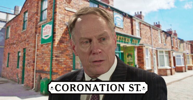 Stephen looking worried on Coronation Street; inset, Rovers background and logo (Credit: ITV/Composite: ED!)
