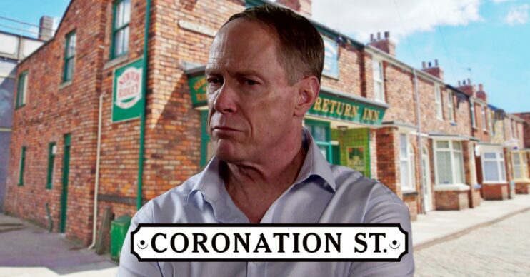Stephen looking determined on Corrie; inset, soap logo and Rovers background (Credit: ITV/Composite: ED!)