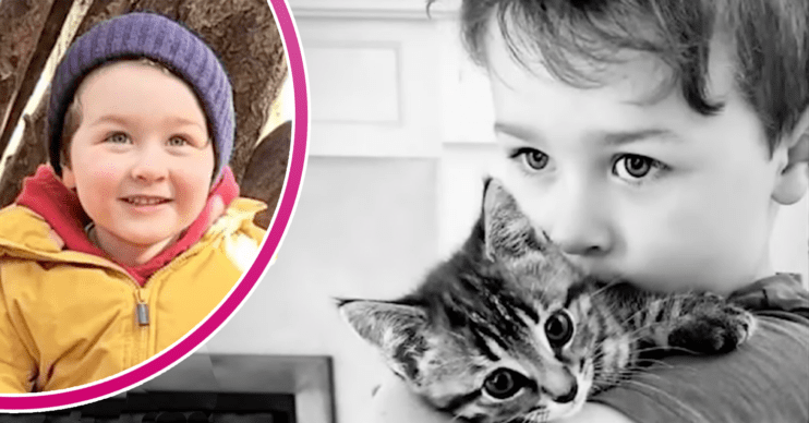 Little boy smiling in a yellow raincoat and holding his cat