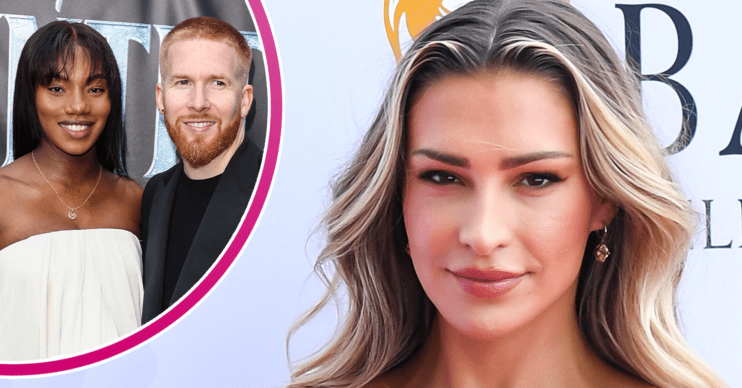 Zara McDermott in a gold dress and Strictly star Neil Jones wit his fiancée