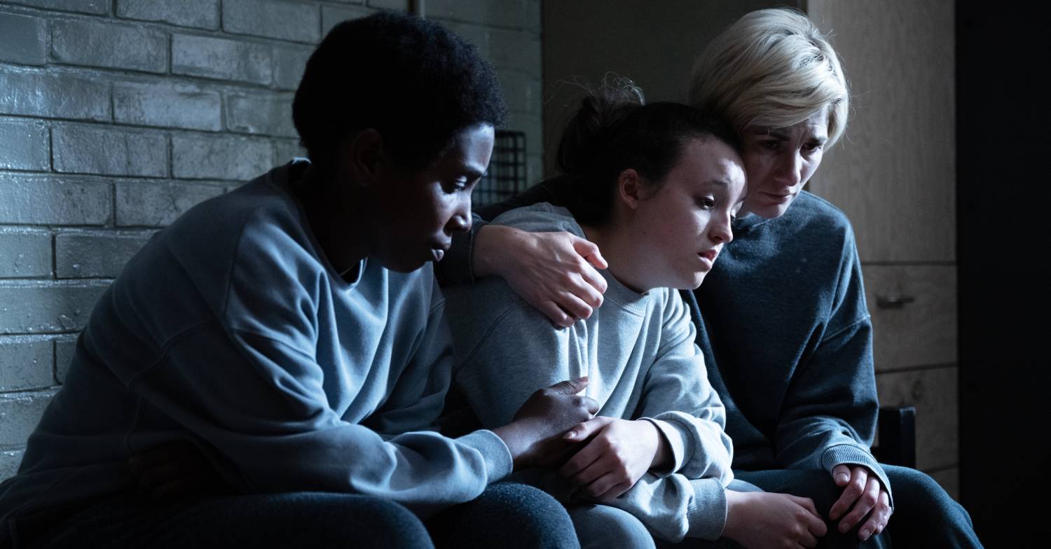 Tamara Lawrance as Abi Cochrane, Bella Ramsey as Kelsey Morgan and Jodie Whittaker as Orla O'Riordan in Time series 2