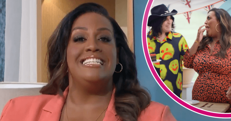 Alison Hammond smiling and with Noel Fielding on Bake Off