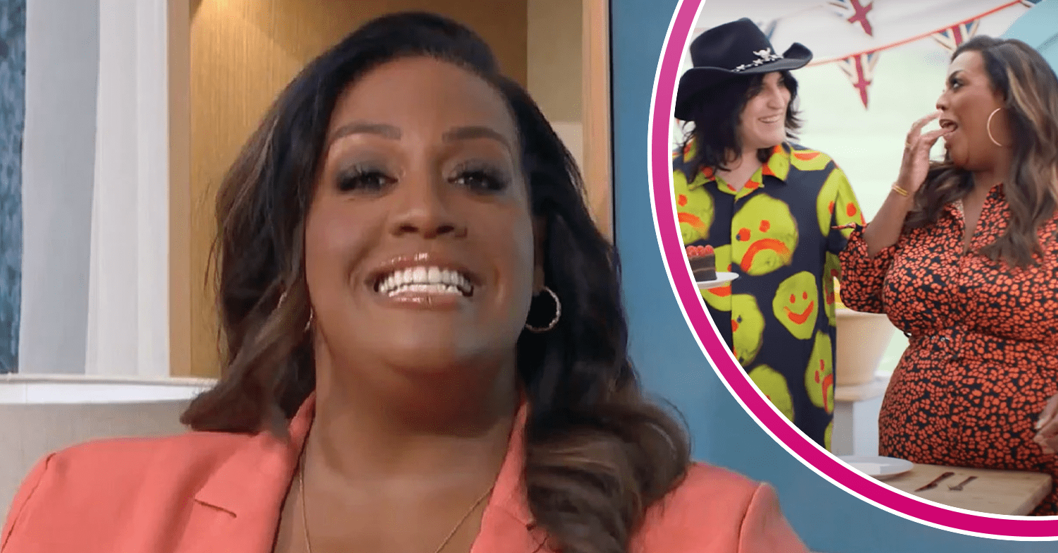Alison Hammond smiling and with Noel Fielding on Bake Off