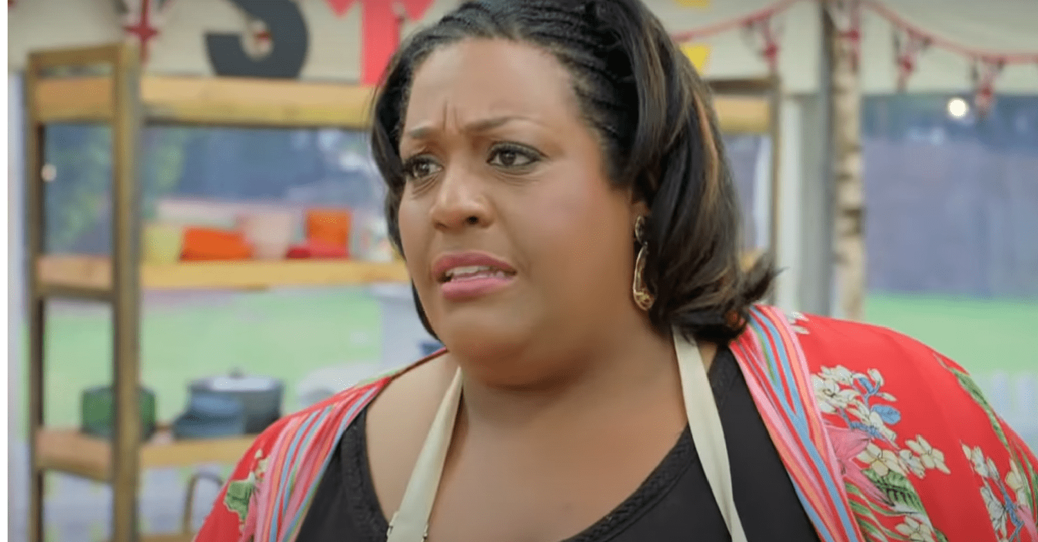 Alison Hammond looking concerned on Bake Off