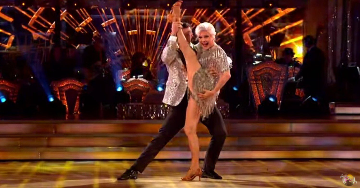 Angela Rippon and Kai perform leg lift in Strictly