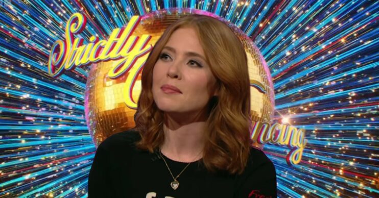 Angela Scanlon in an interview against Strictly logo and background (Credit: BBC/RTE: Composite: ED!)