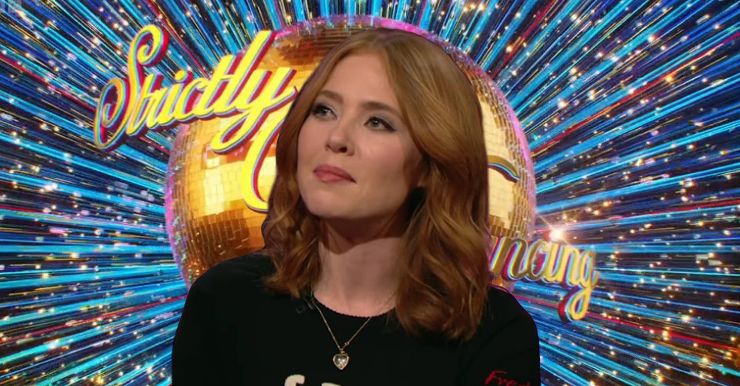 Angela Scanlon in an interview against Strictly logo and background (Credit: BBC/RTE: Composite: ED!)