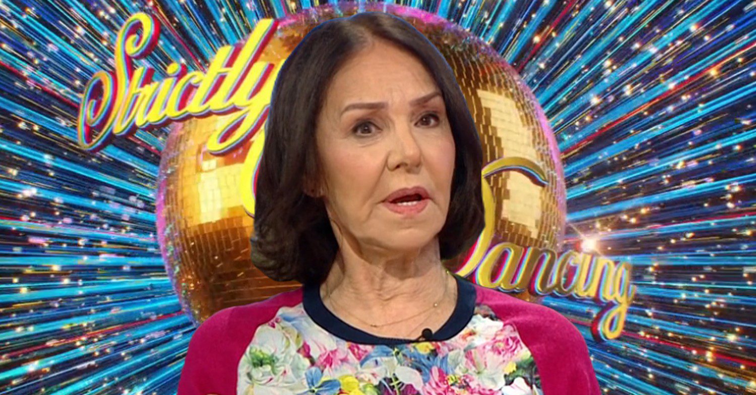 Arlene Phillips speaking with Strictly logo behind her