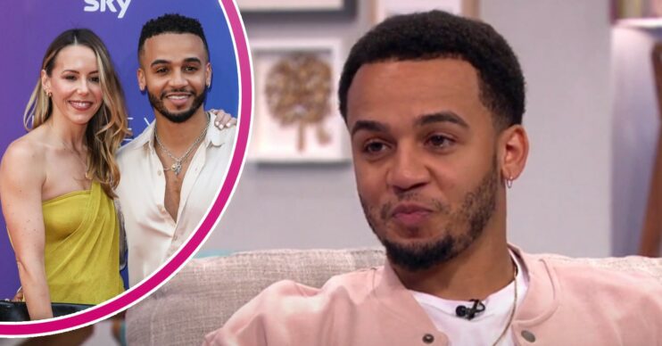 Aston Merrygold smiling with his wife
