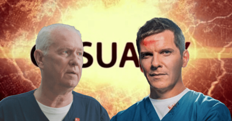 Two stars of Casualty in front of show logo
