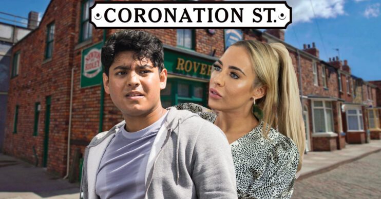 Coronation Street's Aadi, Courtney, the Coronation Street logo and background of the Rovers