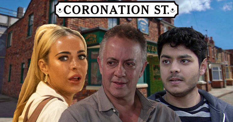 Coronation Street's Courtney, Dev, Aadi, the Coronation Street logo and background of the Rovers