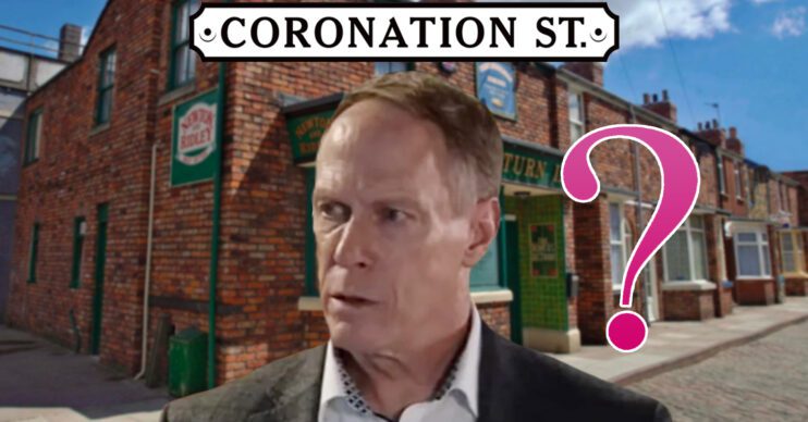 Coronation Street's Stephen, a pink question mark, the Coronation Street logo and background of the Rovers