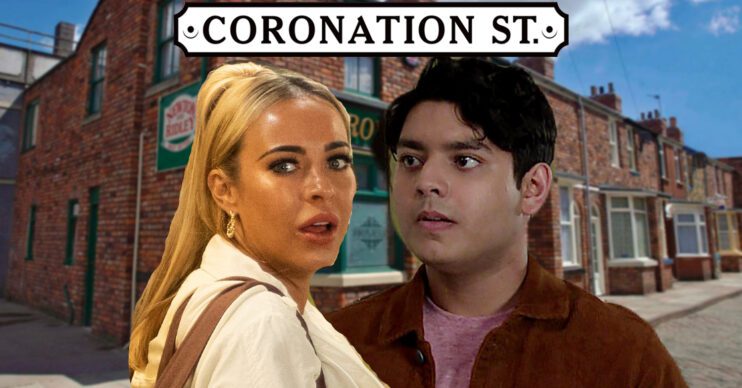 Coronation Street's Courtney, Aadi, the Coronation Street logo and background of the Rovers