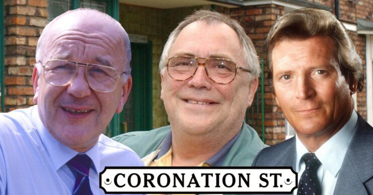 Coronation Street characters Alec Gilroy, Jack Duckworth and Mike Baldwin in comp image with Rovers Return background