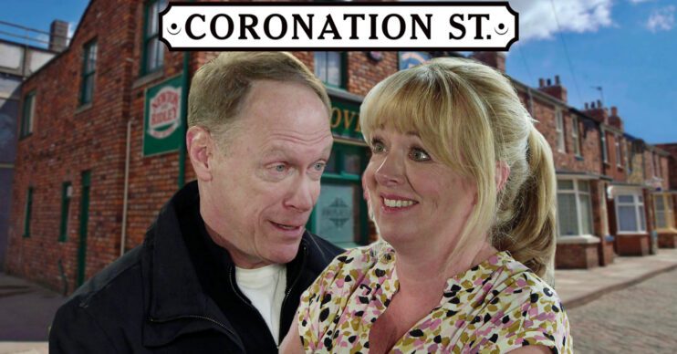 Coronation Street's Stephen, Jenny, the Coronation Street logo and background of the Rovers