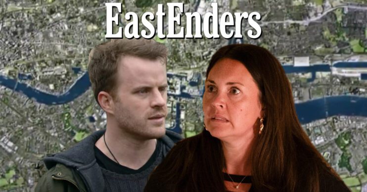 EastEnders' Sean, Stacey, the EastEnders logo and background of the Thames