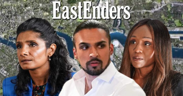 EastEnders' Suki, Ravi, Denise, the EastEnders logo and background of the Thames