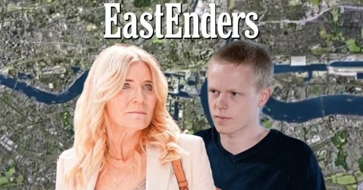 EastEnders' Cindy, Bobby, the EastEnders logo and background of the Thames