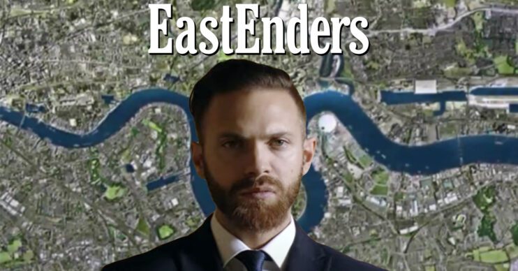 EastEnders' Dean, the EastEnders logo and background of the Thames