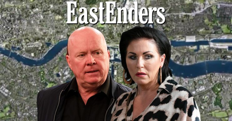 EastEnders' Phil, Kat, the EastEnders logo and background of the Thames
