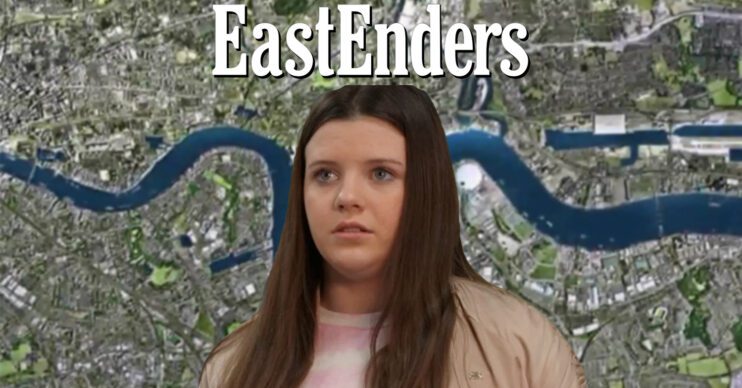 EastEnders' Lily, the EastEnders logo and background of the Thames