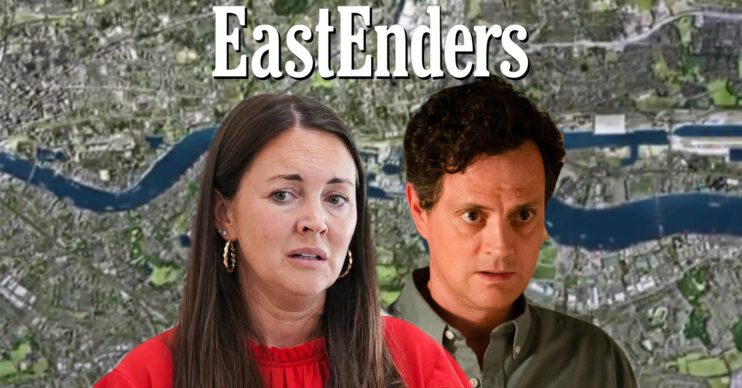 EastEnders' Stacey, Theo, the EastEnders logo and background of the Thames