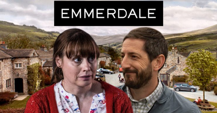 Emmerdale's Lydia, Craig, the Emmerdale logo and background of the Dales