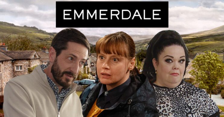 Emmerdale's Craig, Lydia, Mandy, the Emmerdale logo and background of the Dales