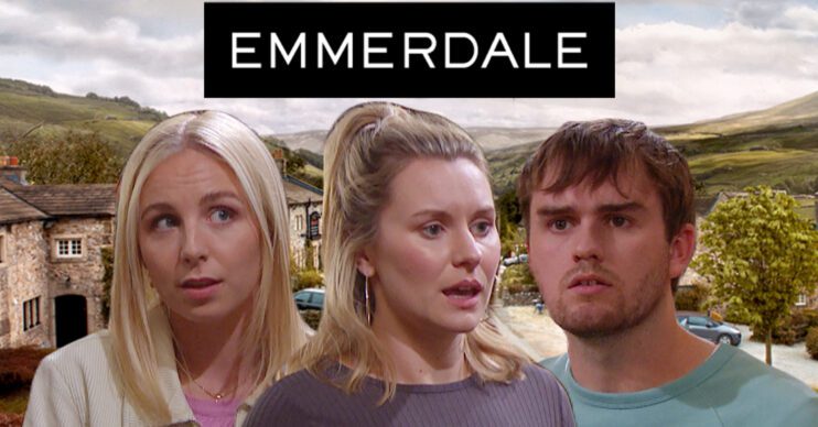 Emmerdale's Belle, Dawn, Tom, the Emmerdale logo and background of the Dales