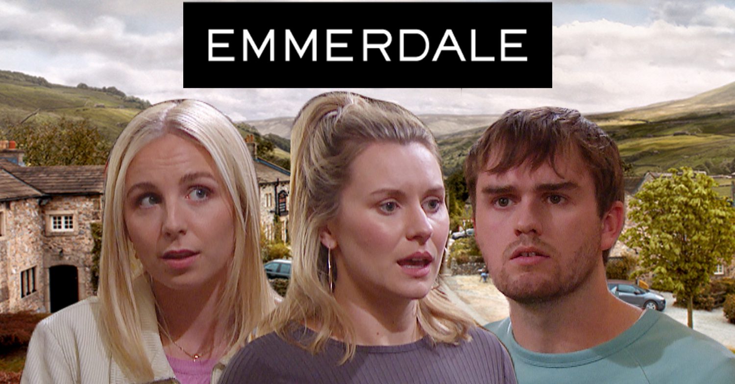 Emmerdale's Belle, Dawn, Tom, the Emmerdale logo and background of the Dales